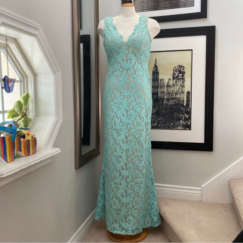 City Studio teal lace nude underlay maxi dress